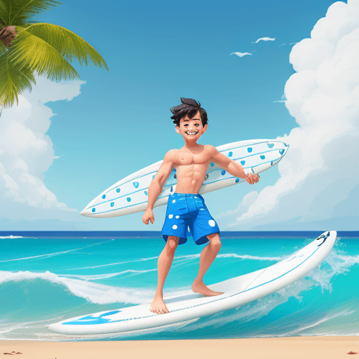AI generated: A cute boy is surfing on the beach, in the style of Pixar, wearing blue shorts with white polka dots...