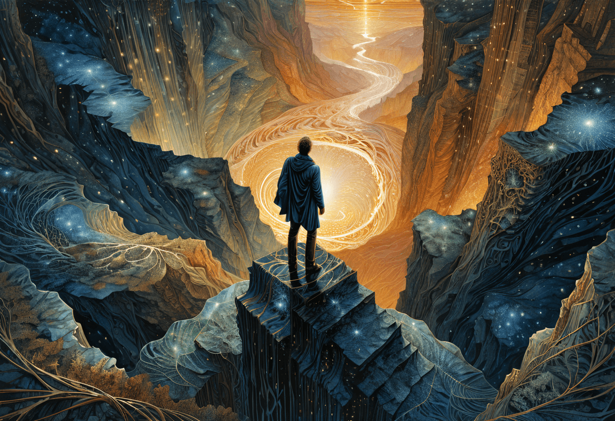 AI generated: Layered paper art of a Digital Art, dark violet (medium shot man standing on an abyss looking down o...