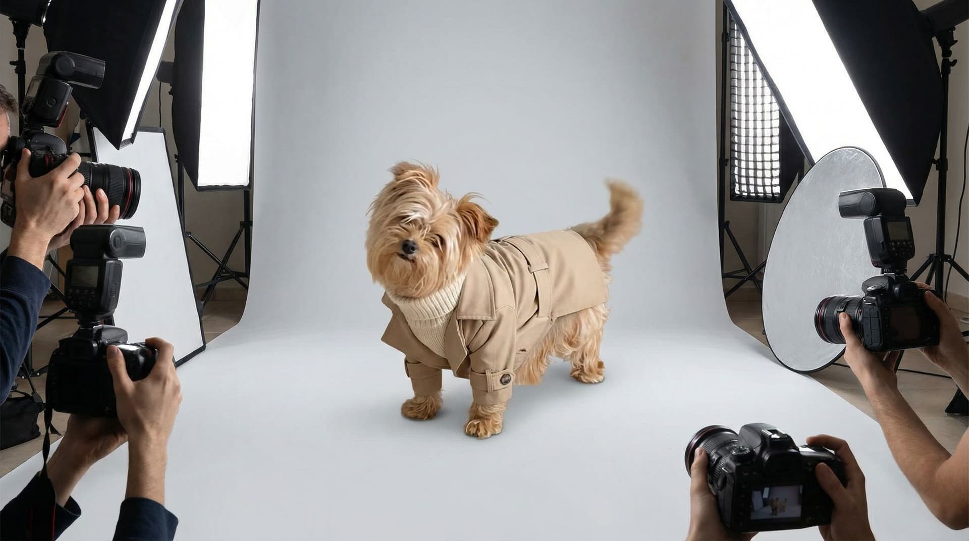 AI generated: In the provided photo of the Yorkshire dog, turn the scene into a high-end fashion photoshoot. Make ...