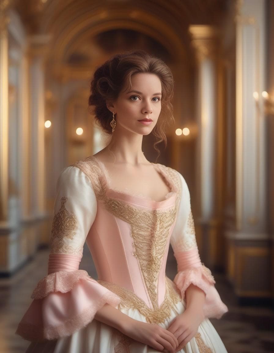 AI generated: Young knight croom, golden hair, in the style of rococo-inspired details, in the palace behind, whim...