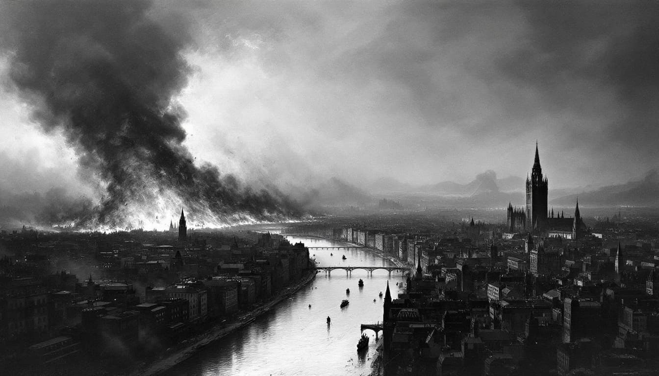 AI generated: a black-and-white painting of a cityscape with a river running through it, and a large plume of smok...