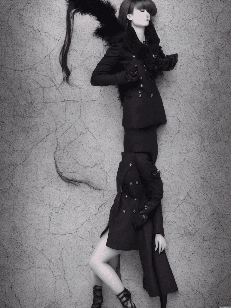 AI generated: beautiful female , black laced coat, full body shot, eyes closed, professional photoshoot, symmetric...
