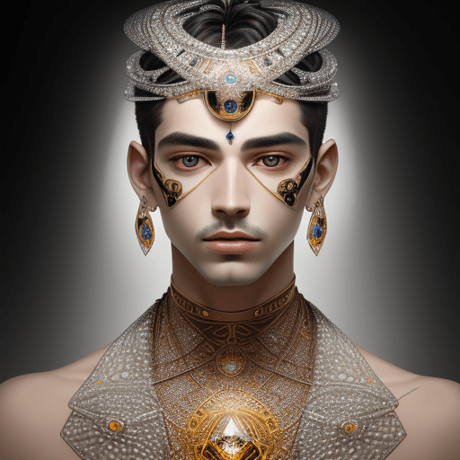 AI generated: portrait of man inspired by gustav klimt, futuristic, front view, symetry, diamonds jewellery around...