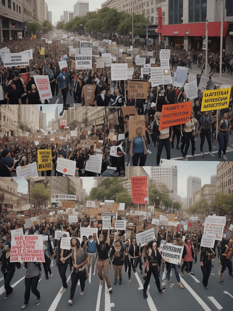 AI generated:  A united group of protesters marching through a city street, their banners and signs raising awaren...