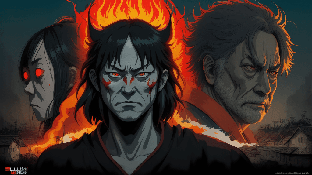 AI generated:  Studio Ghibli type. A wide angle 16k poster with of evil ghibli flash  in a killing spree, extremel...