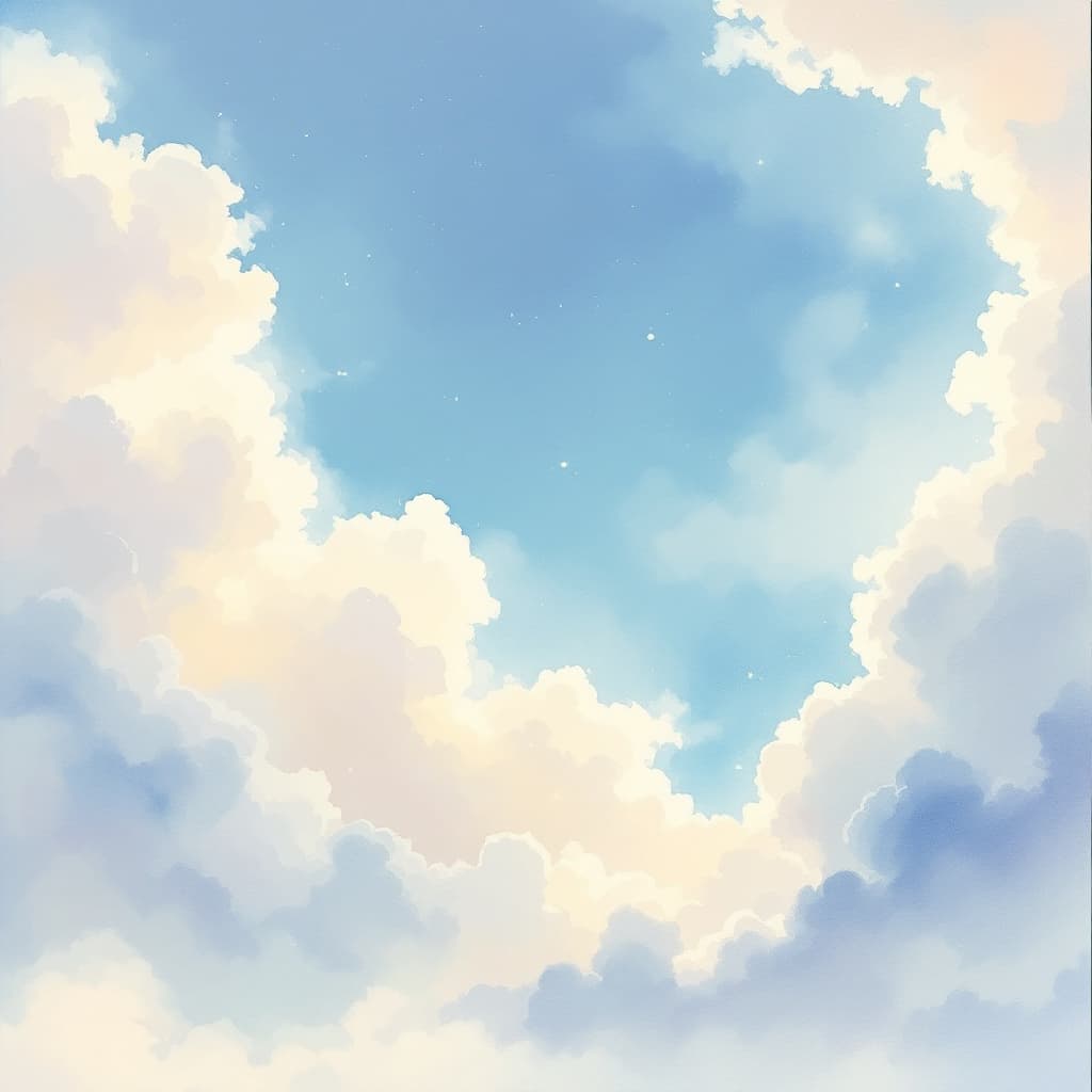 AI generated: A serene watercolor painting captures the serene beauty of a vast sky The clouds are rendered in var...