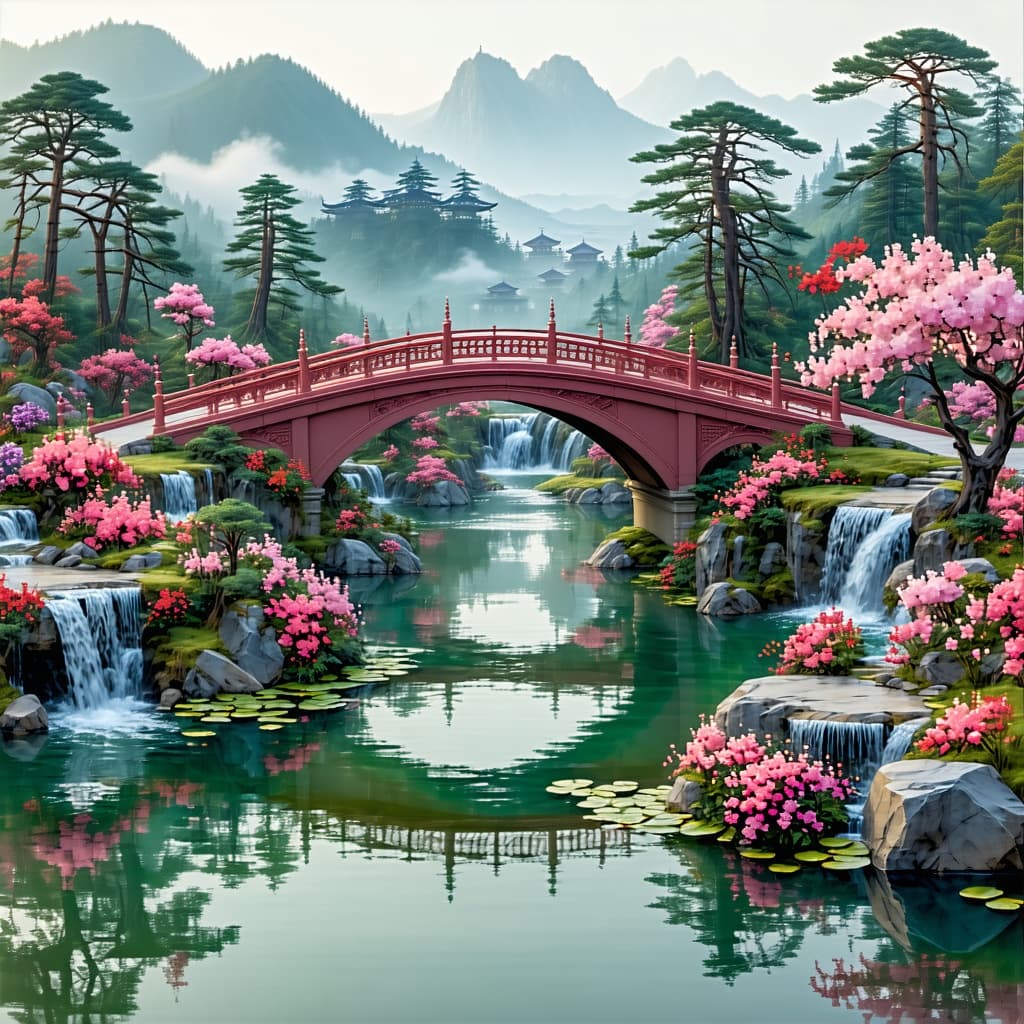 AI generated: long range view, Beautiful Japanese flower garden, elegant bridges, waterfalls, pink and white, by A...
