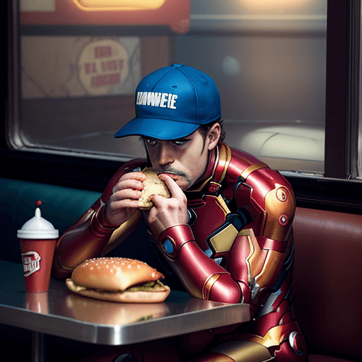 AI generated: a lonely and depressed Iron man wearing a baseball cap eating a hamburger and fries beside the windo...