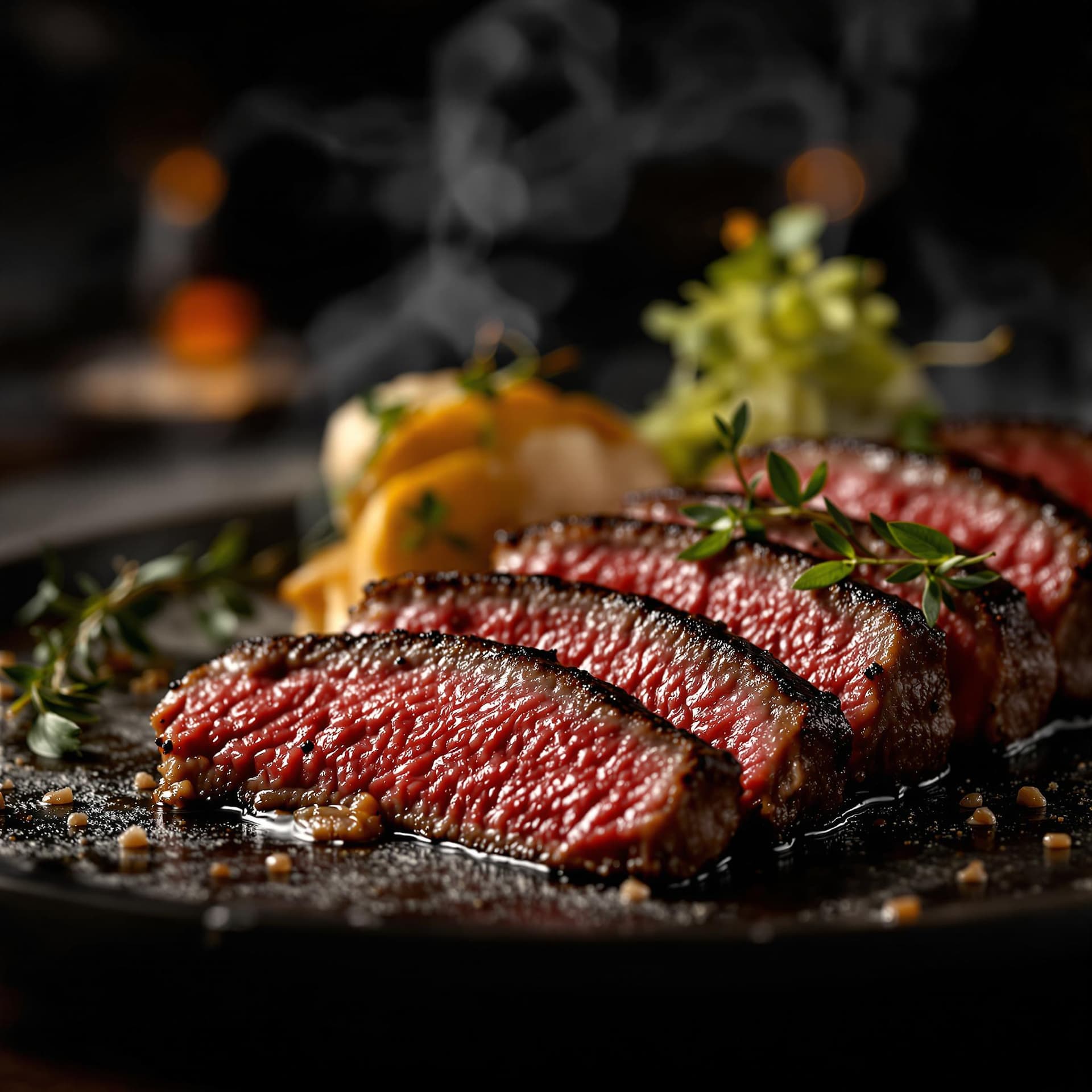 AI generated: Capture a close-up shot of a mouth-watering sliced beef medium rare barbeque , exuding tempting allu...