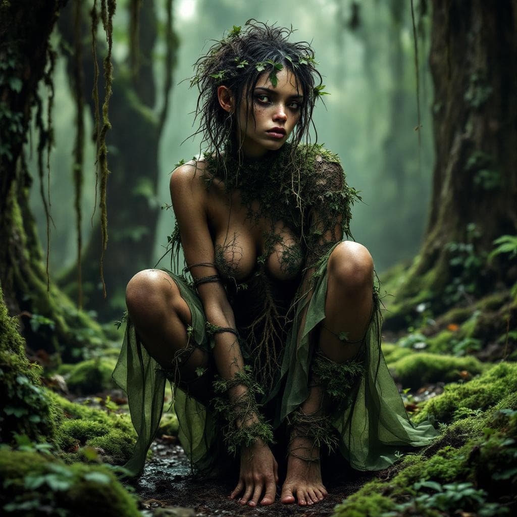 AI generated: hominid female Moist forest fashion concept, layered asymmetrical dress in moss green chiffon and ba...