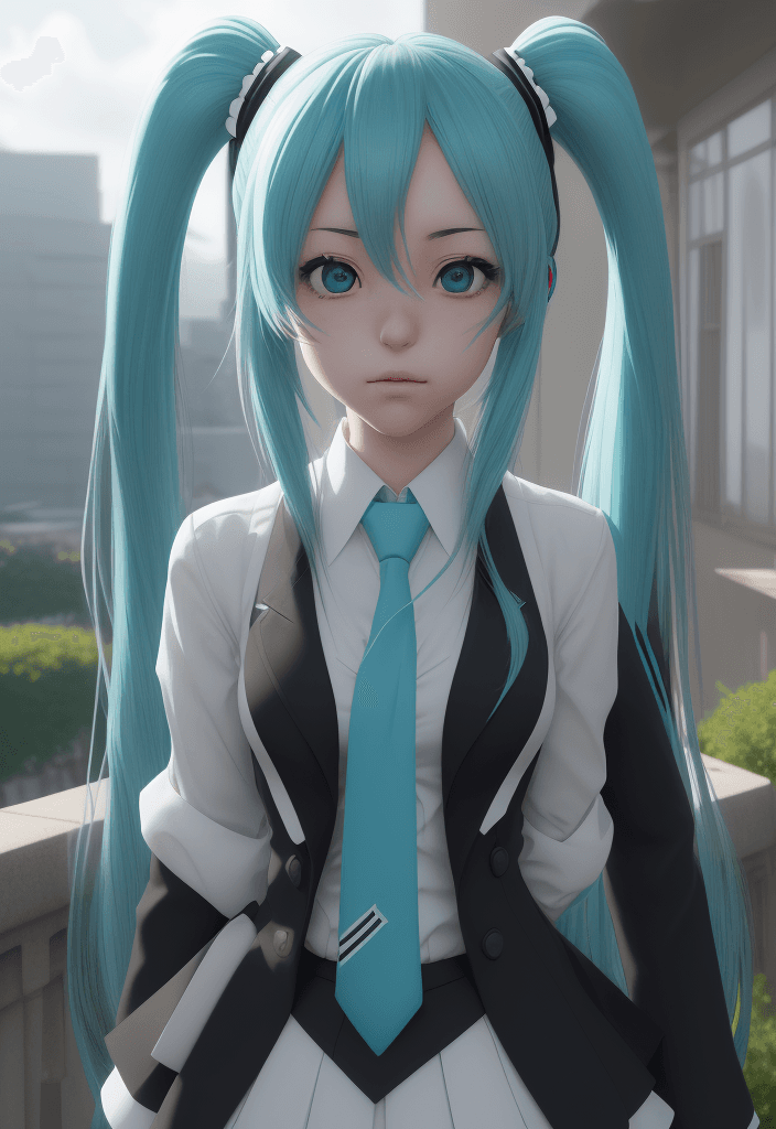 AI generated: Close portrait of Hatsune Miku, wearing a school uniform, black and white, blue tosca tie =, blue to...