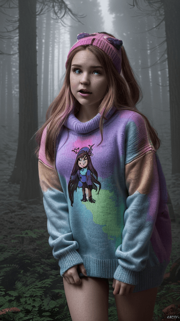 AI generated: (HDR1:1)Mabel Pines In favorite sweater, from Gravity Falls, captured in an epic photoart in the sty...