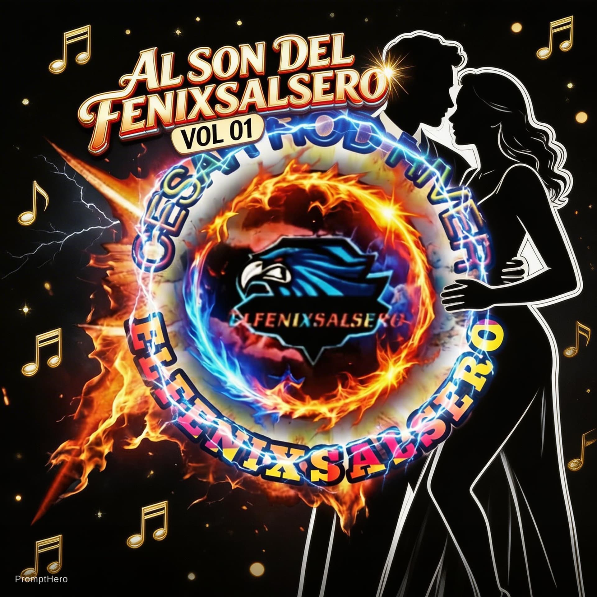 AI generated: diseñar el título "AL SON DEL FENIXSALSERO"," vol 01" arriba del logotipo,en dorado con rojo cromado...