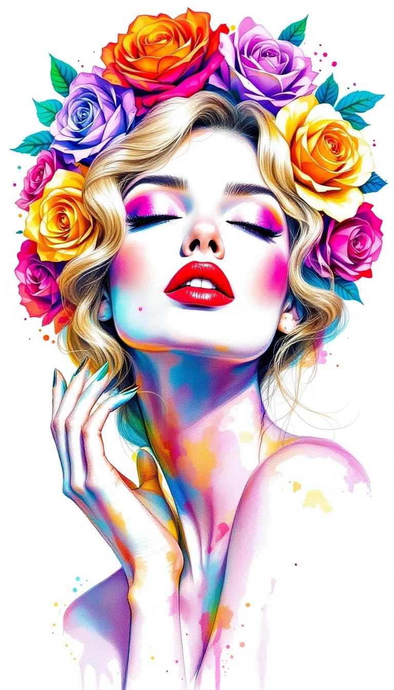AI generated: A captivating and vibrant sketch drawing of a sophisticated woman, adorned with bold, bright hues of...
