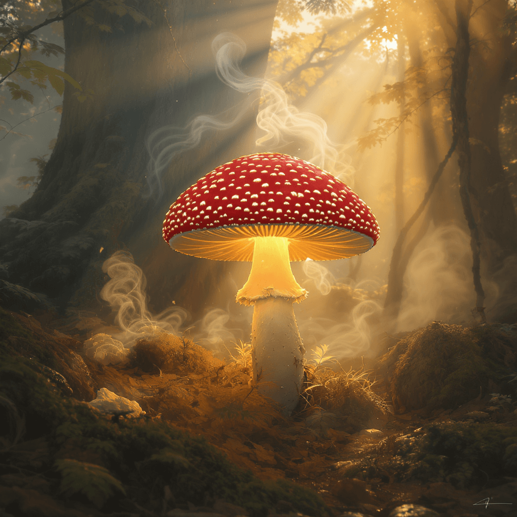 AI generated: A mystical forest at dawn, soft golden light filtering through ancient trees. In the center, a glowi...
