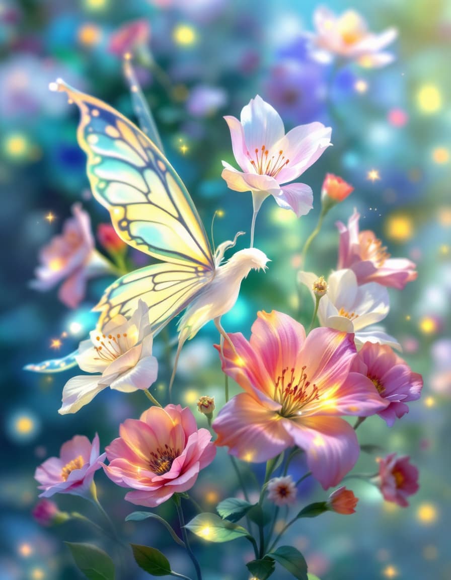 AI generated: fairy with flowers, pastel colors, extremely detailed, lights, glow, flowers --seed 123456