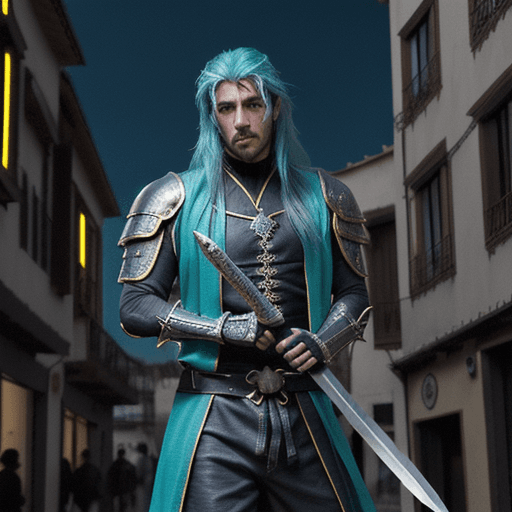 AI generated: hombre medieval, espada en mano, runas, palabras griegas, bonito y estético, el hombre apunto de lle...