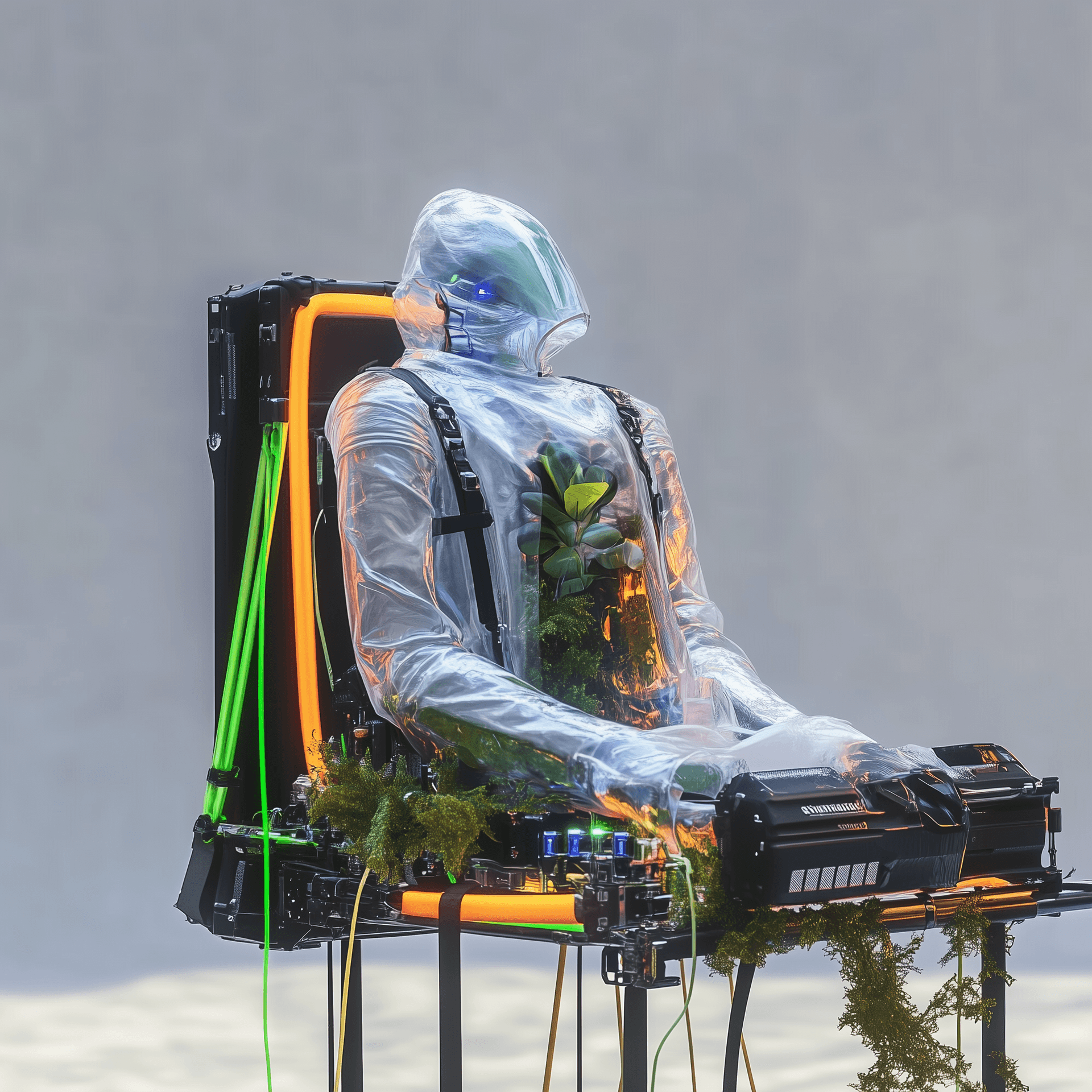 AI generated: A futuristic photoshoot showcasing an advanced, alien full armor, suspended and displayed with vibra...