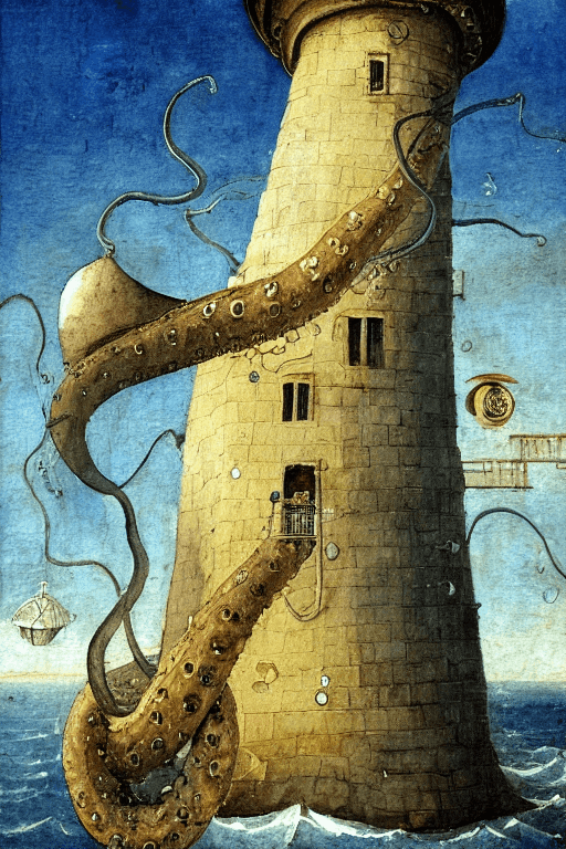 AI generated: A giant octopus holds a lighthouse in its tentacles painted by hieronymus bosch and americans fine a...