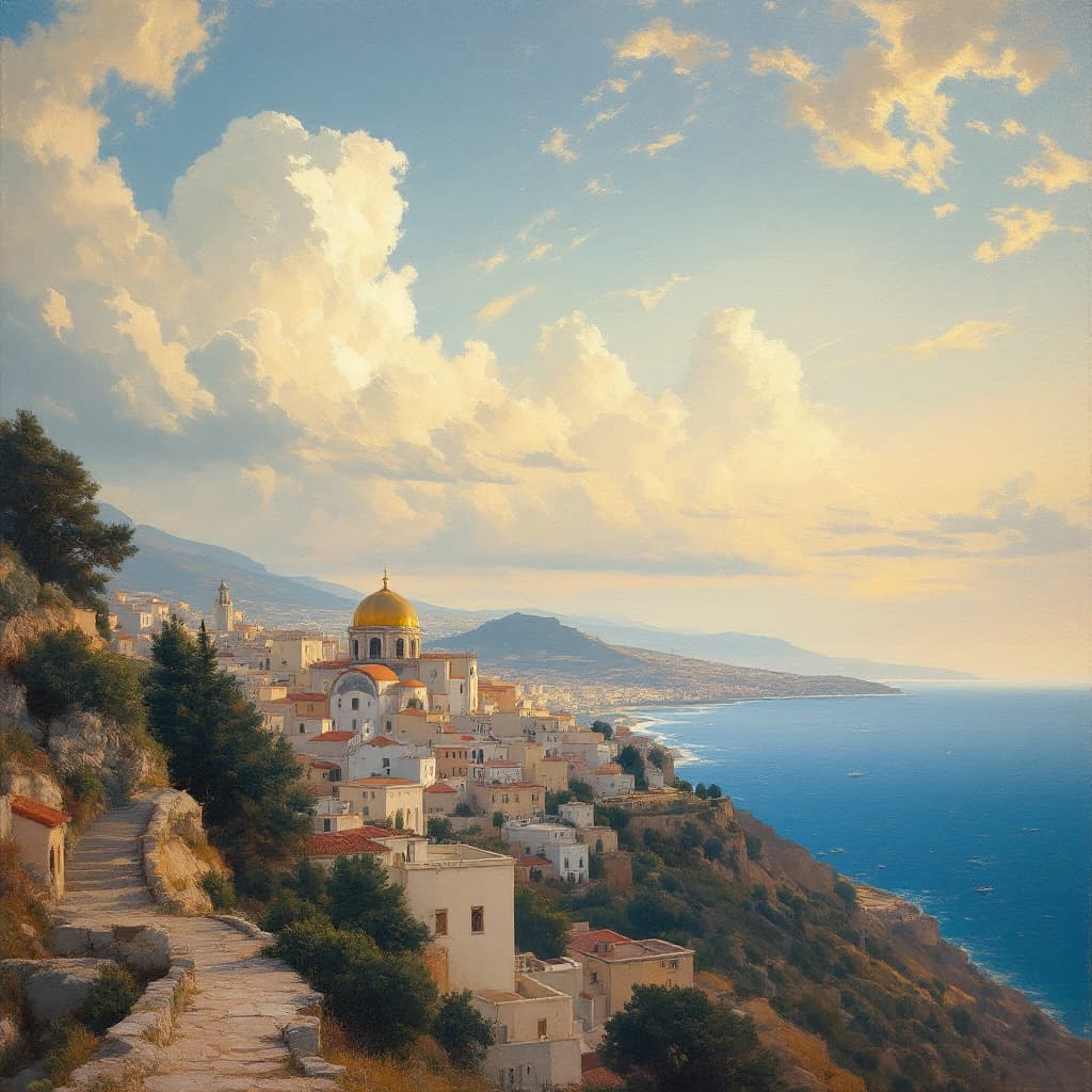 AI generated: Oil painting of city overlooking the Aegean Sea in the style of Jean-Léon Gérôme, in the style of Jo...