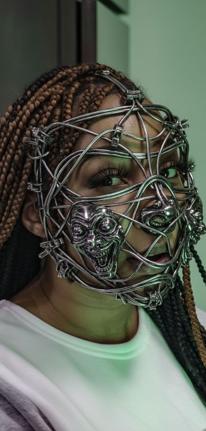 AI generated: a woman wears a mask that has wire wrapped, rebecca sugar, clamp, douglas smith, restrained forms, e...