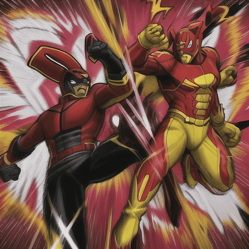 AI generated: a blackman in a red and yellow superhero suit  fighting a white man in a dog superhero suit, in fron...