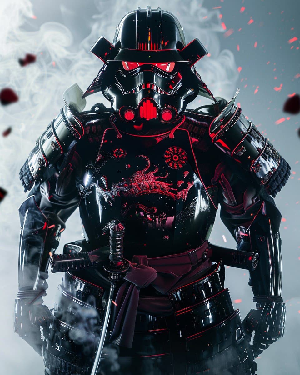 AI generated: futuristic cyborg stormtrooper in samurai armor, glossy black and red samurai armor, stormtrooper fe...