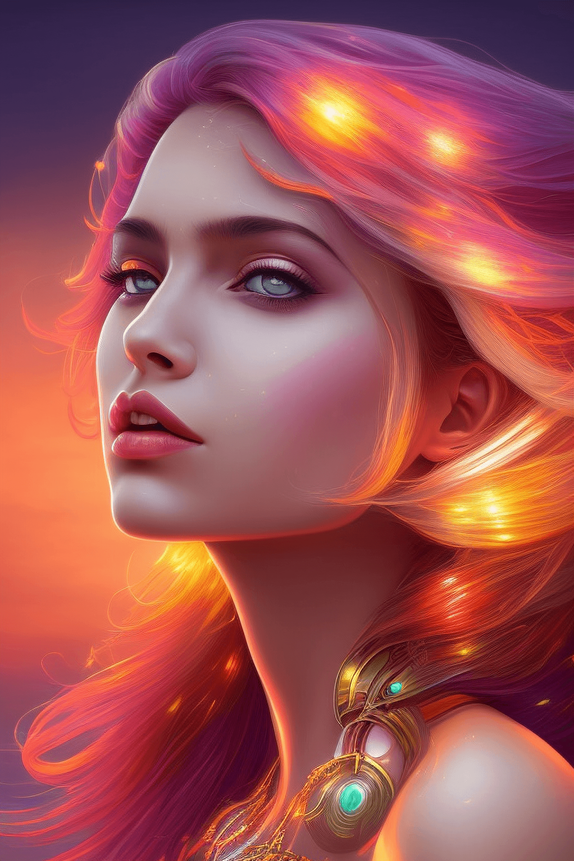 AI generated: illustration of woman, only her head in out from water, during sunset in background, hard light, lig...