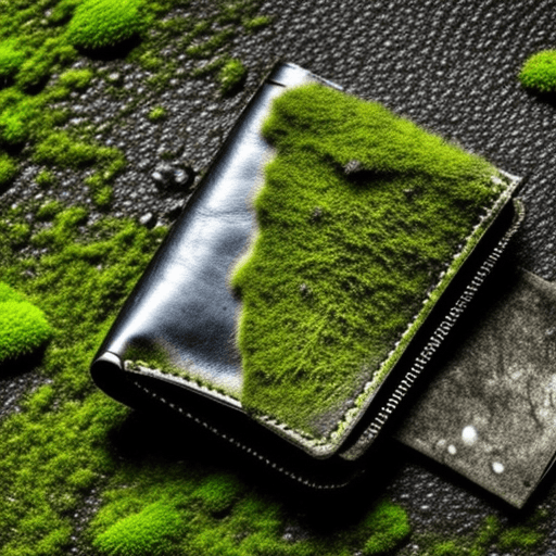 AI generated: The inside of an abandoned wet leather wallet on a mossy pavement. Style: goth photo realistic