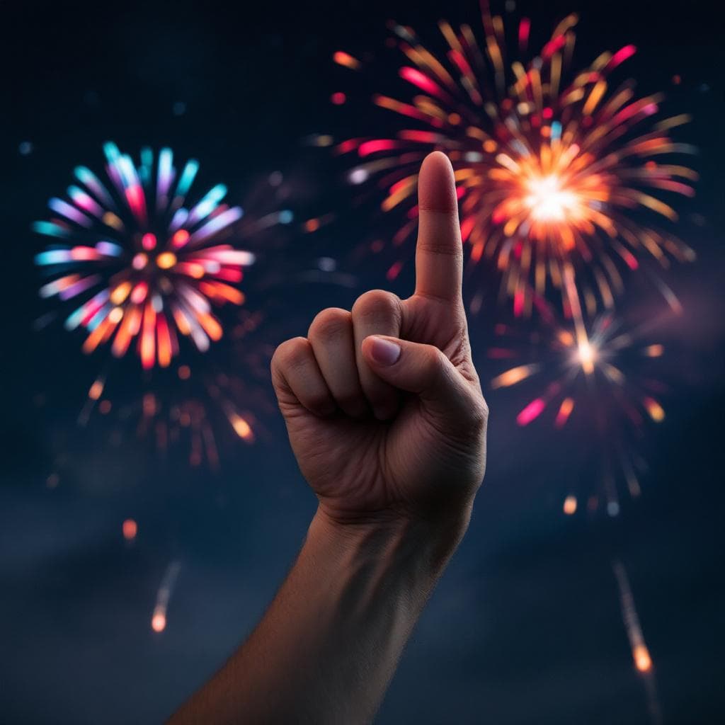 AI generated: A hand in a fist with the middle finger extended. Background is fireworks on a night sky