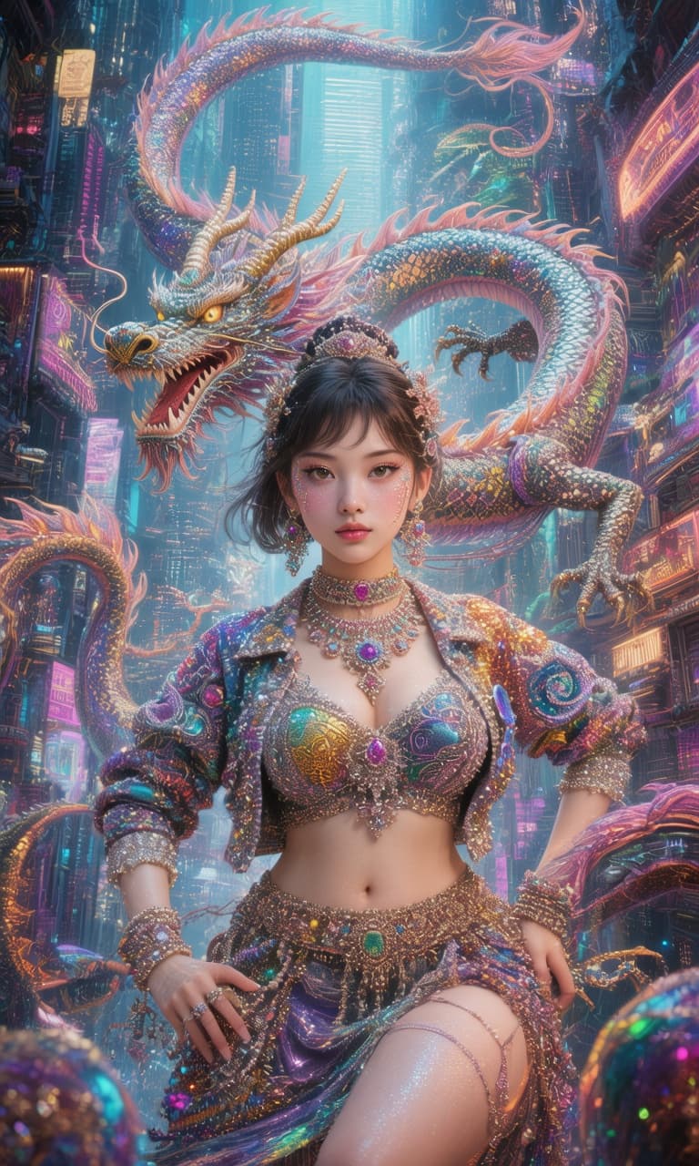 AI generated: Kyoto Animation stylized anime mixed with tradition Chinese artworks~ A dragon flying at modern cybe...