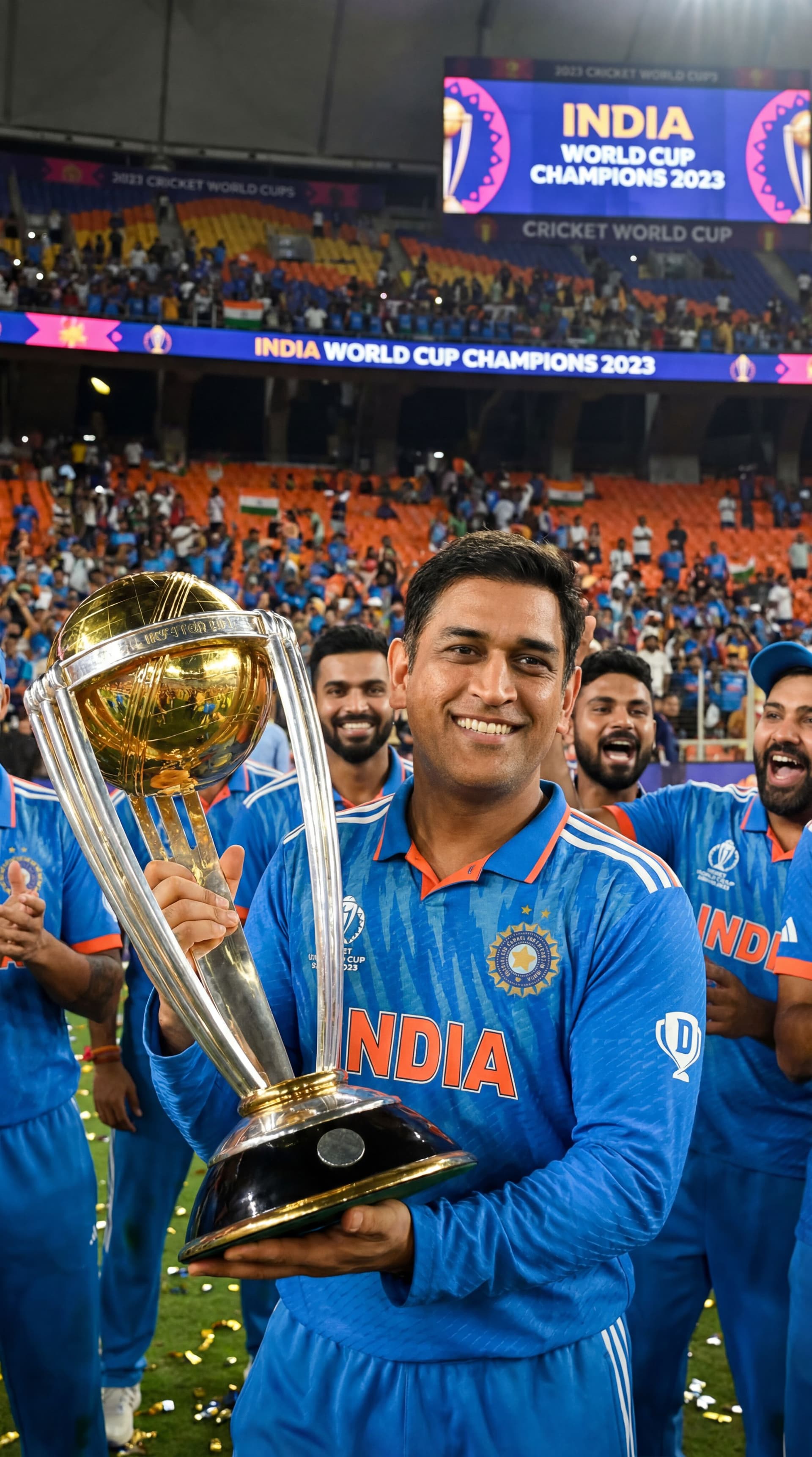 AI generated: Using prompthero generate MS DHONI WITH WORLD CUP IN 2023