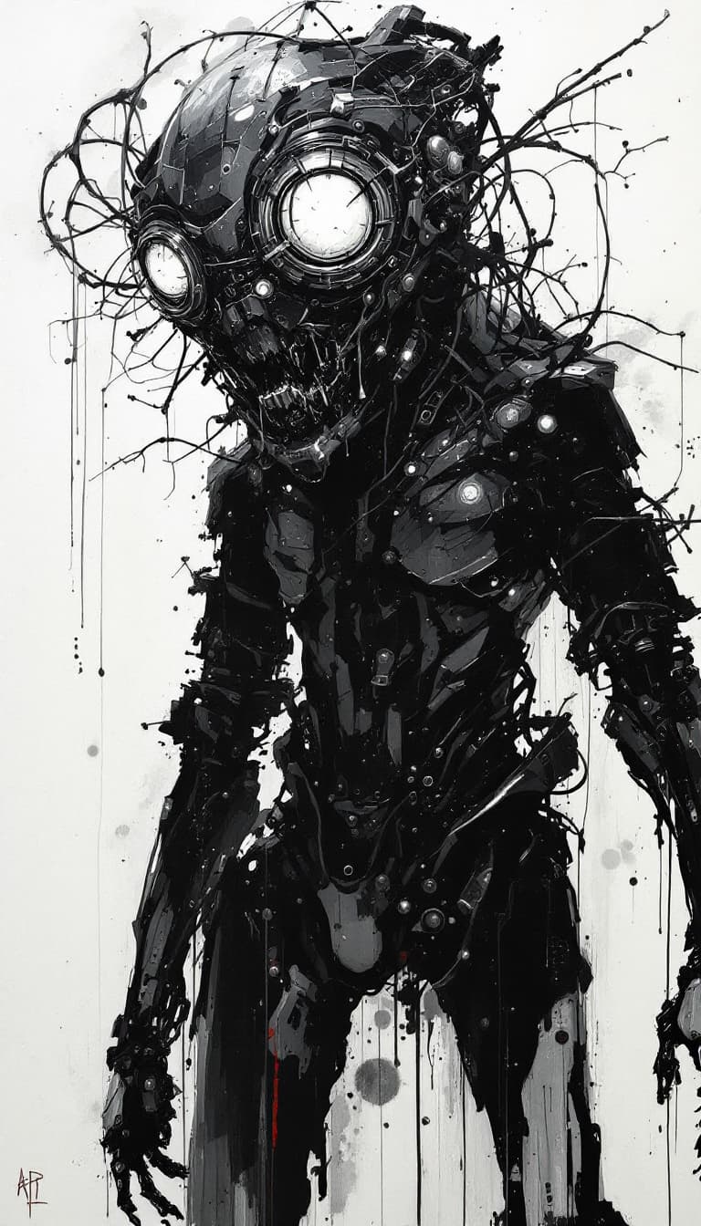 AI generated: artistic, oil painting, front view, upper body, heavy brushed, sci-fi, bizarre mechanical human, gaz...