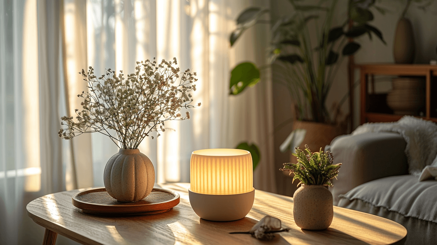 AI generated: capture the minimalistic elegance of a tabletop lamp with a white ceramic base, using the Fujifilm G...