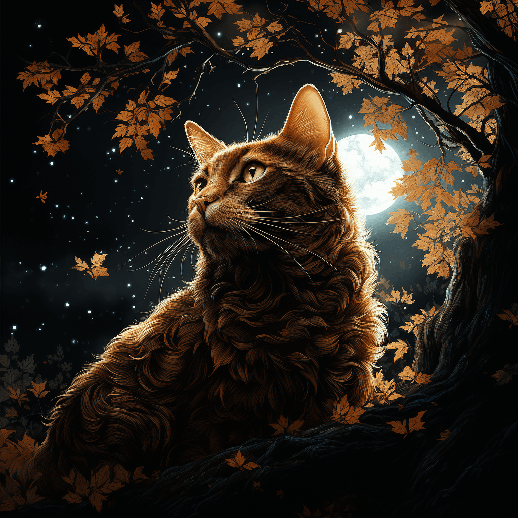 AI generated: ultra highly detailed, a cinnamon cat by Archibald Thorburn, black sky, trees, forest, moon, swirlin...