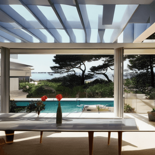 AI generated: Hyper realistic eye level exterior photo of a mid century modern style house overlooking the ocean, ...