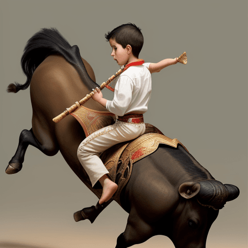 AI generated: A boy riding a bull and playing the flute