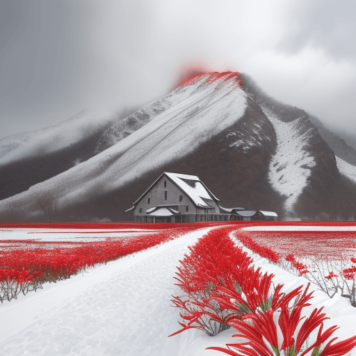 AI generated: Snow scenery, Snow road, blooming red lilies, two crumbled black towers in the distance, cloudy, no ...