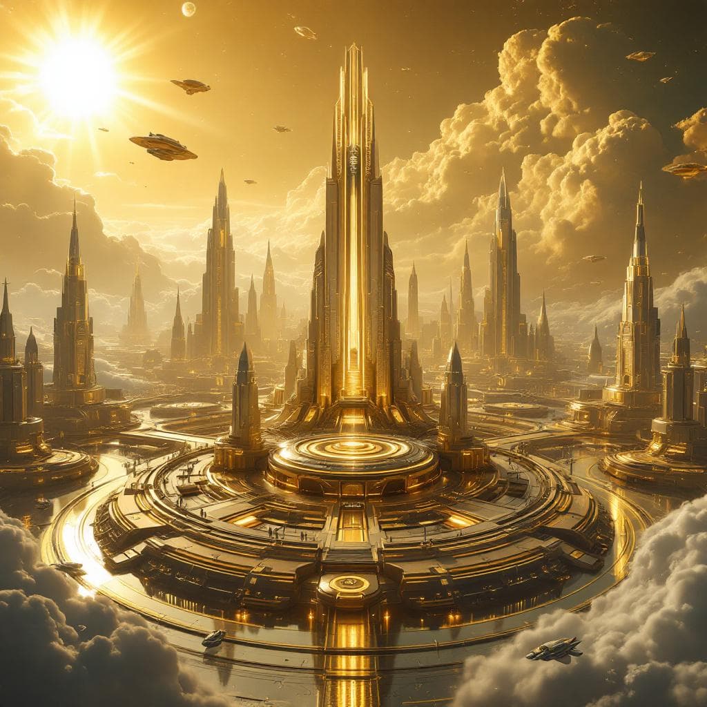 AI generated: Cinematic panorama of Vanguard Ascendancy, the capital of Auroraxi — a gleaming futuristic megacity ...