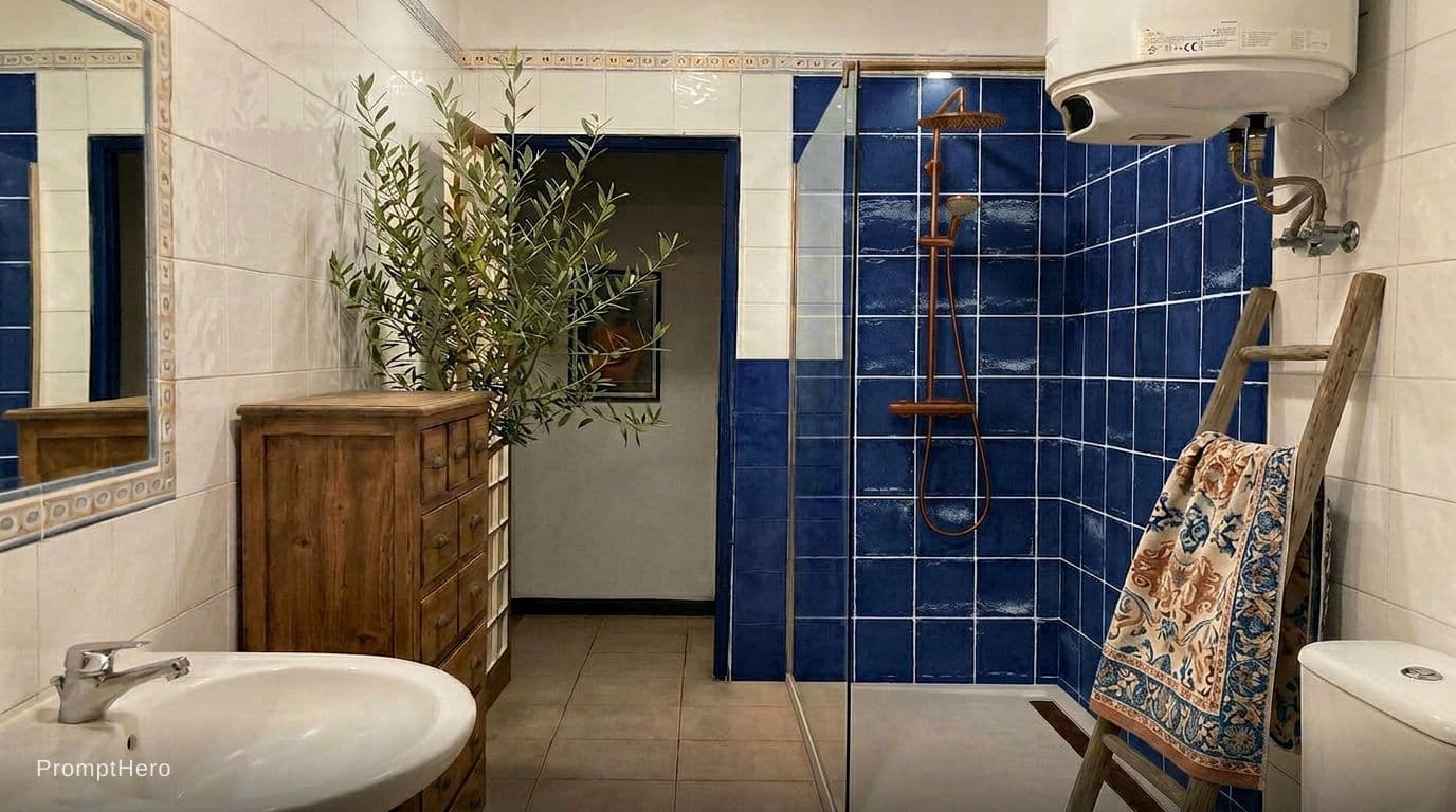 AI generated: Keep everything the same. Just change the pink tiles in the shower to the blue from the attached ref...