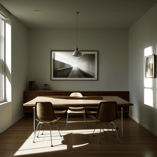 AI generated: Hyper realistic eye , daylight, indirect lighting, AD magazine, Frank Lloyd, Eames, Mies van der Roh...