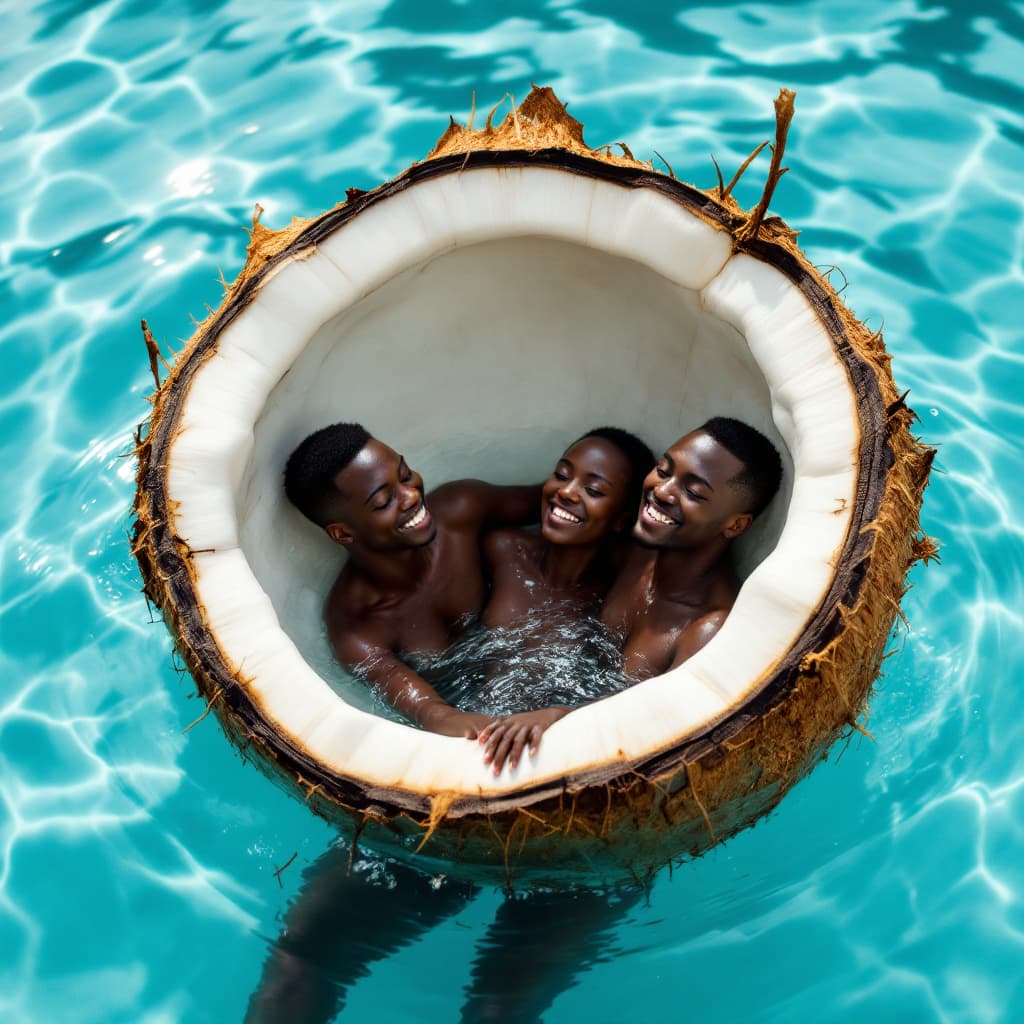 AI generated: black Africans  in swiming pool  in a large  tender coconut shell with white interior 
. 