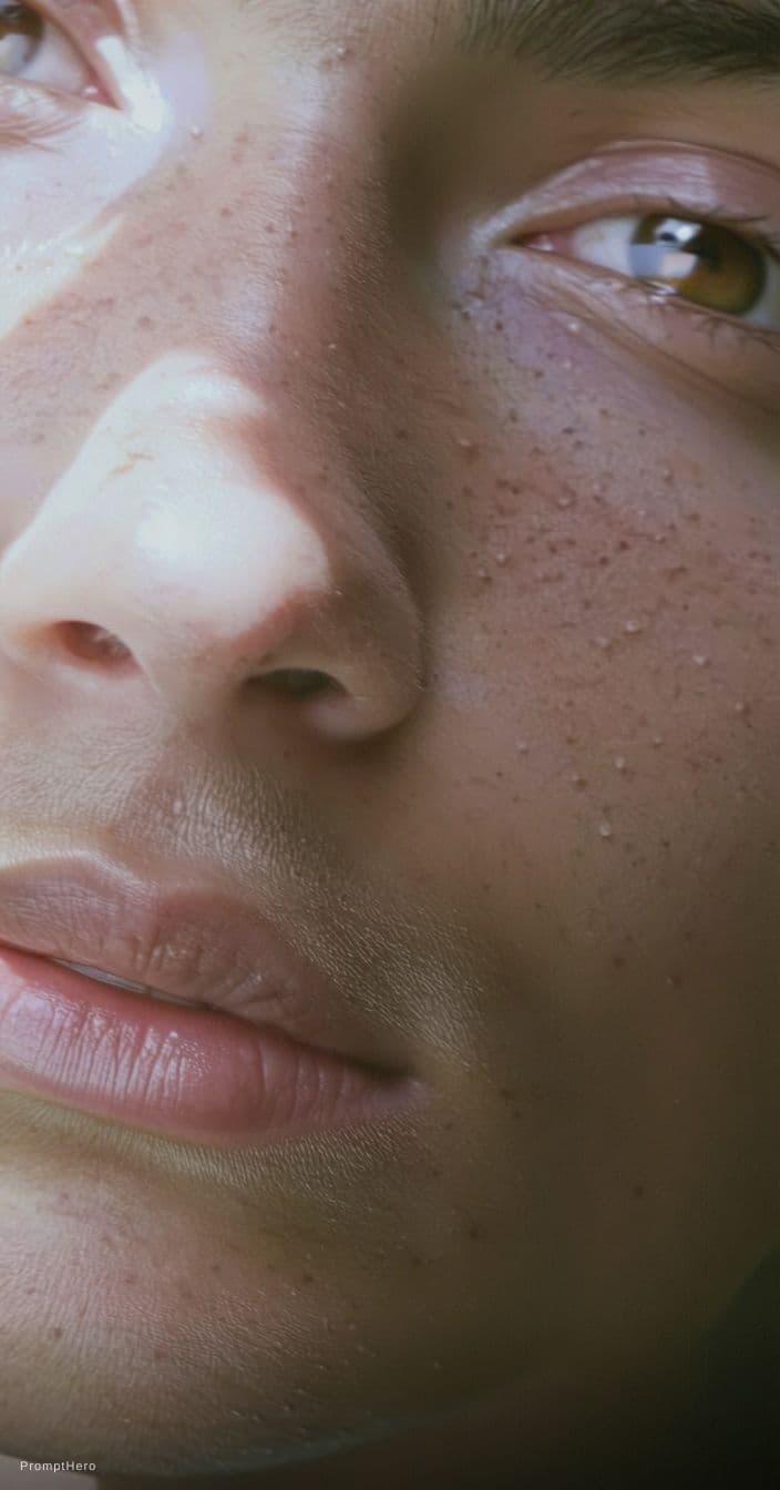 AI generated: (SORA)
amateur film photo

close-up of a face

skin normal
but pores slightly too deep
as if surface...