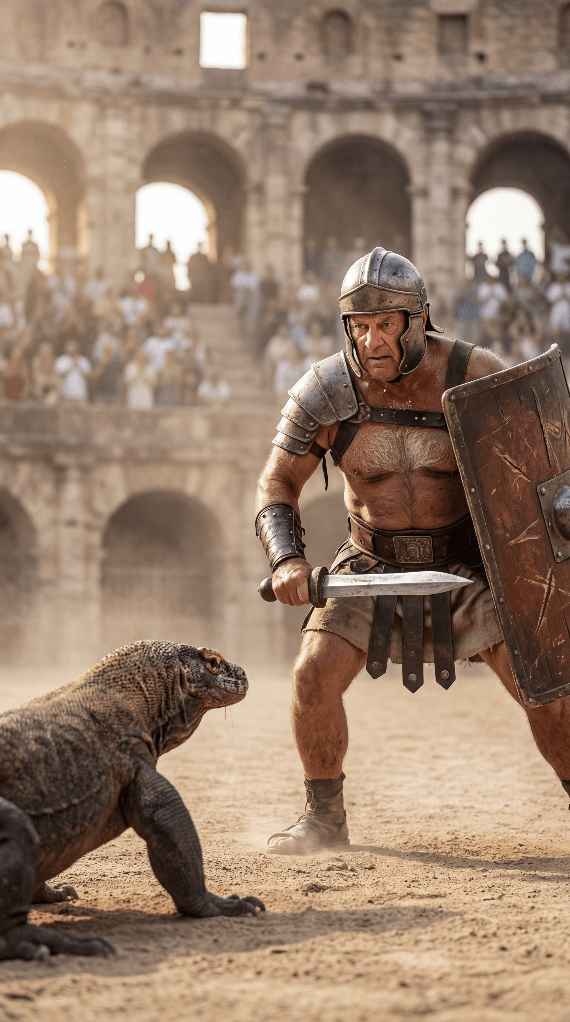 AI generated: Ultra-realistic documentary-style action photography inside the Roman Colosseum, bathed in warm gold...