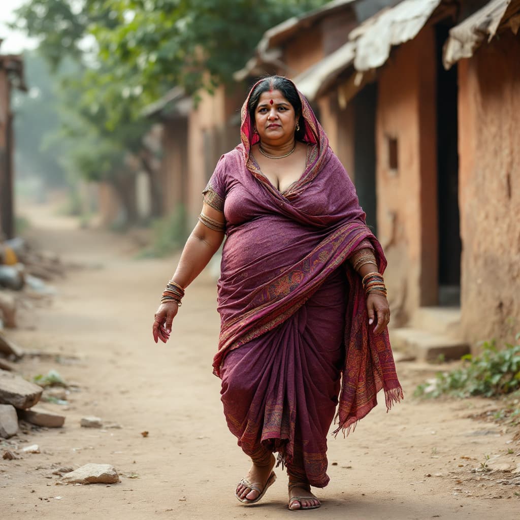 AI generated: Pakistani villager fat mature woman, huge chest, deep c.leavage, walking 