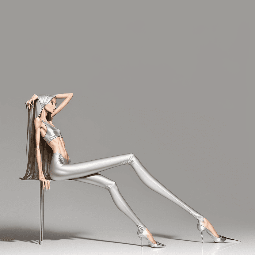 AI generated: photo of an extremely skinny, flat-chested model with extreme long and skinny legs with extreme long...