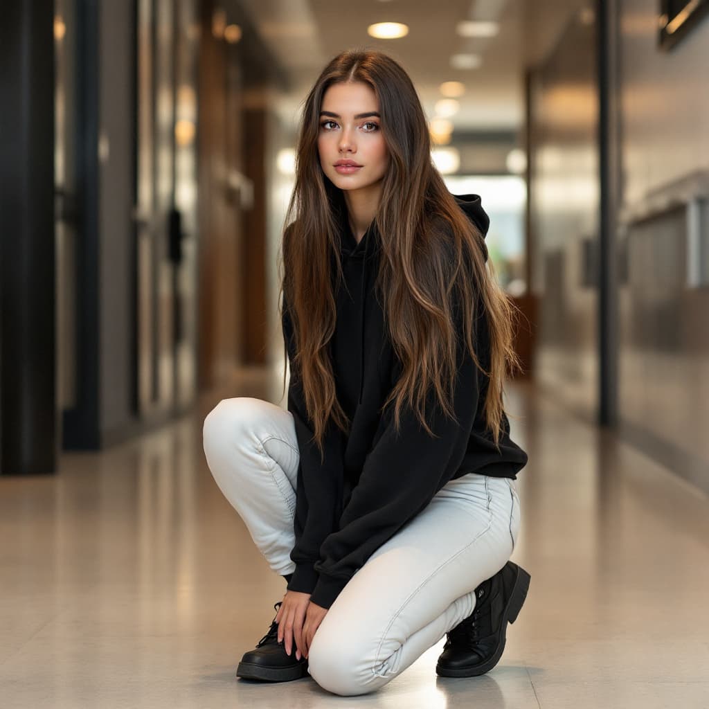 AI generated: Indoor portrait of a 22 year old woman kneeling, long hair, black hoodie and white jean, modern hall...