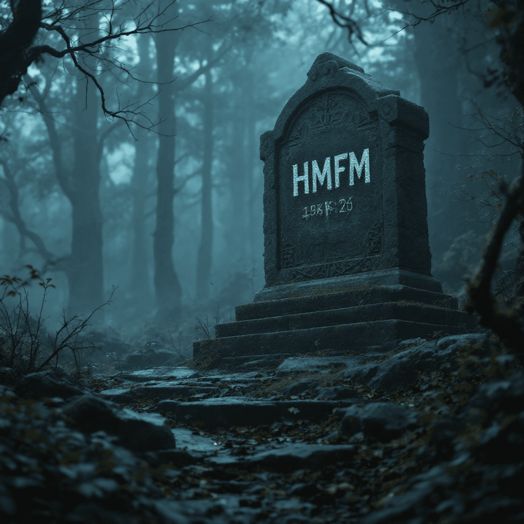 AI generated: HMFM engraved on an ancient stone monument in a misty forest, mysterious atmosphere, 4K photorealist...