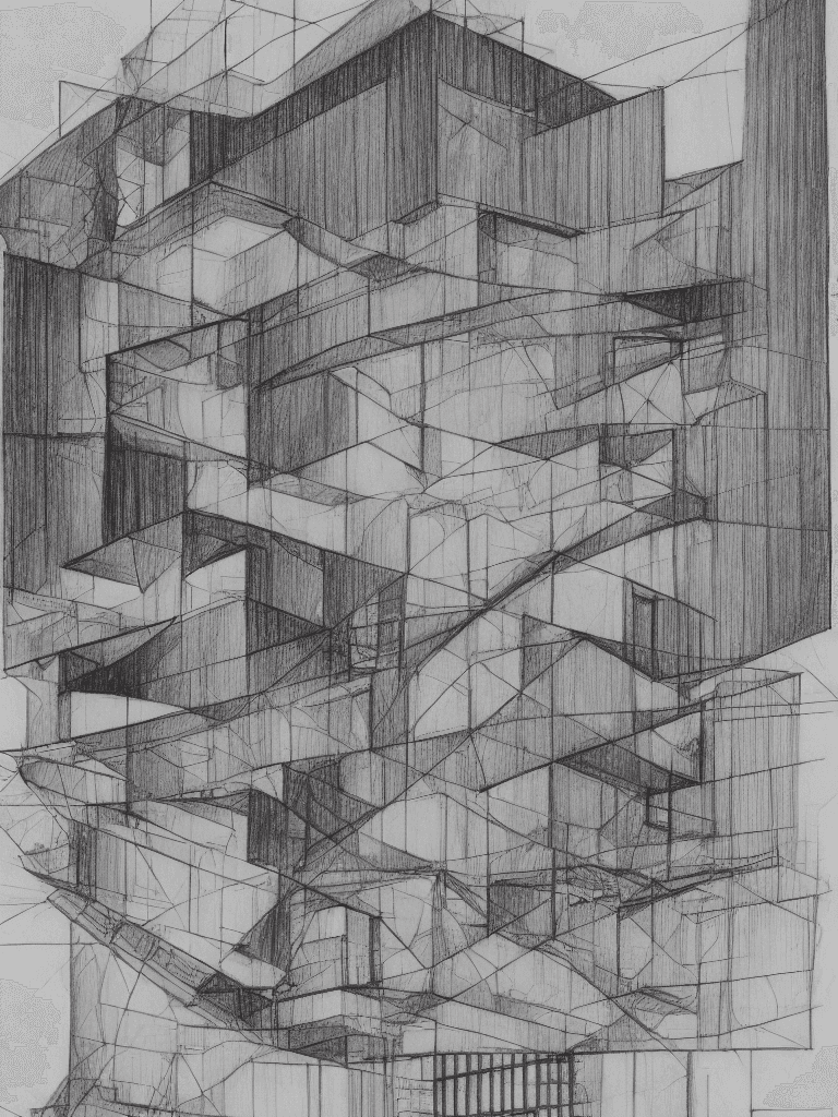 AI generated: a drawing of a bauhaus building, technical drawing, bottom view, by Enzo Cucchi, pespective, collaps...