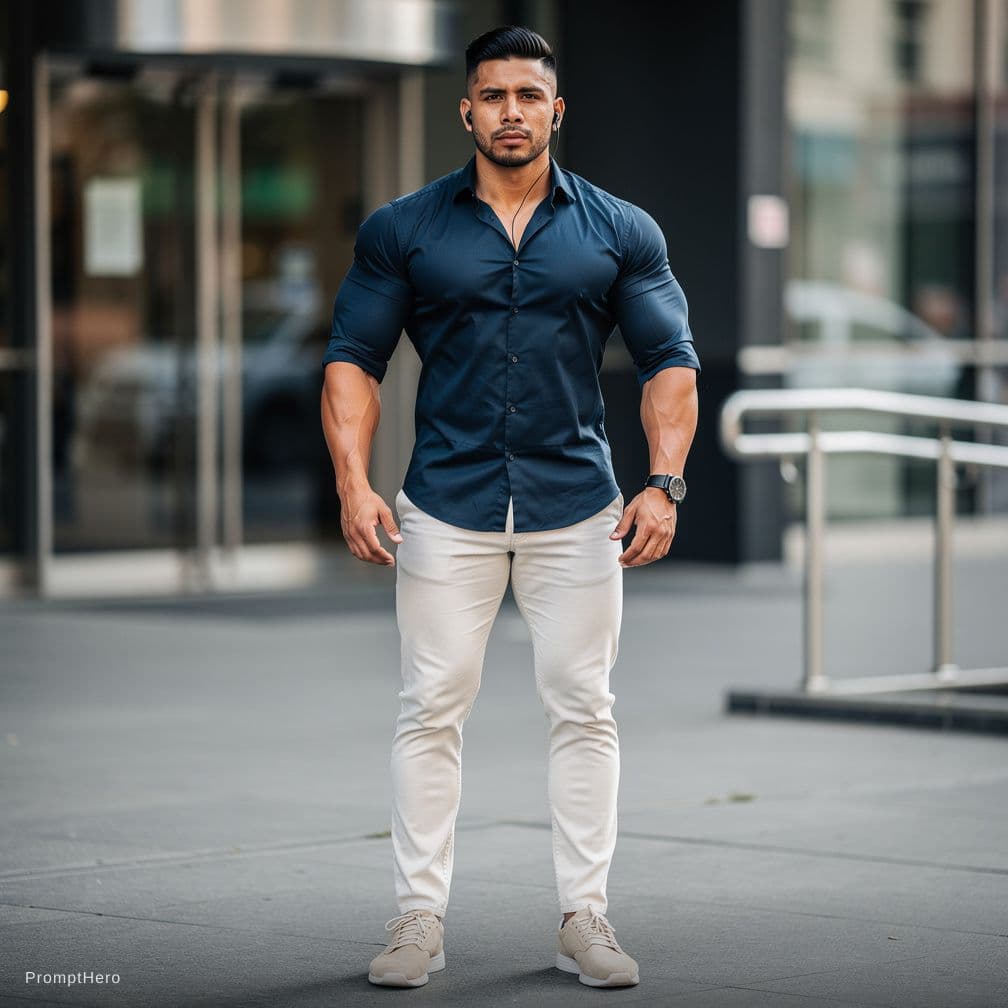 AI generated: black hair Latino bodybuilder bodyguard shirt only underwear on